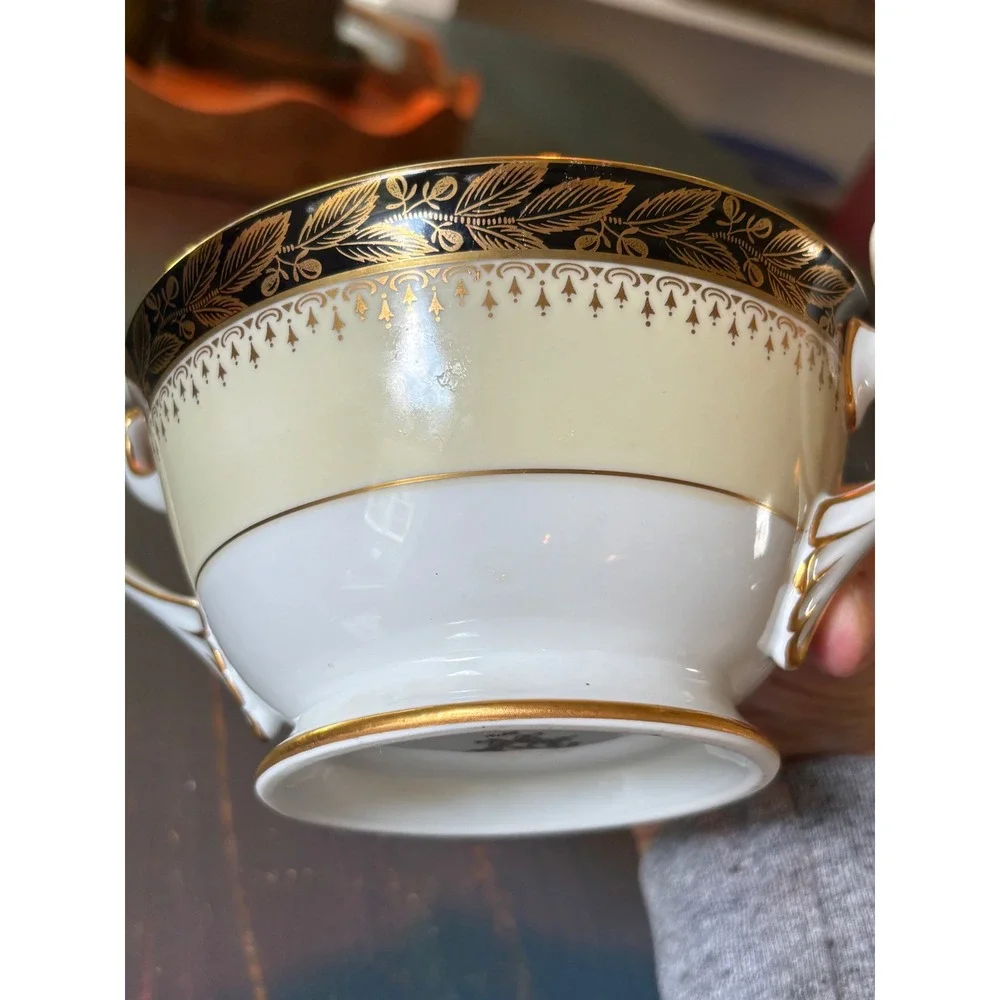 Noritake China Sugar Bowl with Lid Black Gold Encrusted Laurel Japan Cream White